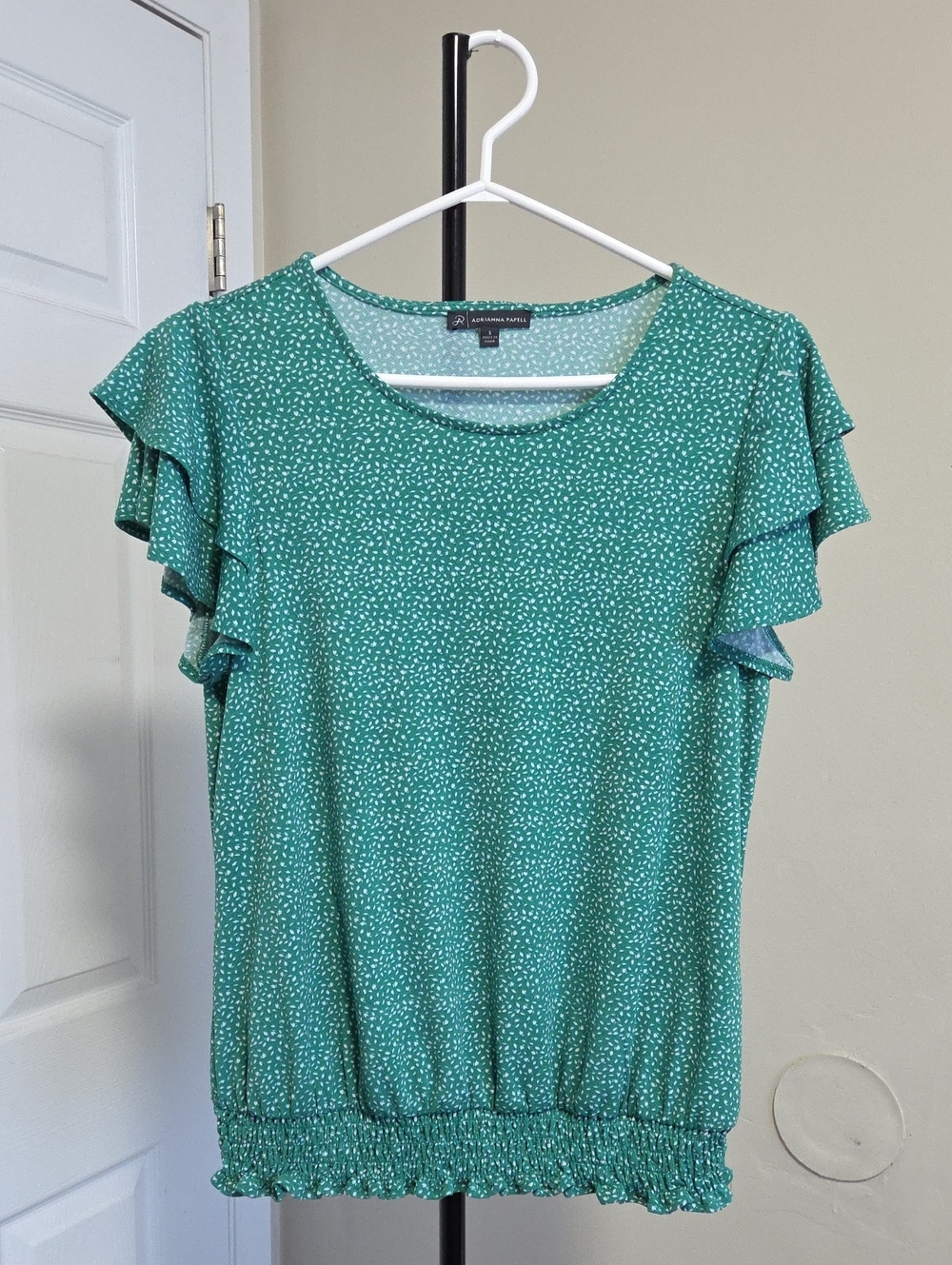 Adrianna Papell Teal Green Flutter Sleeve Smocked Hem Top